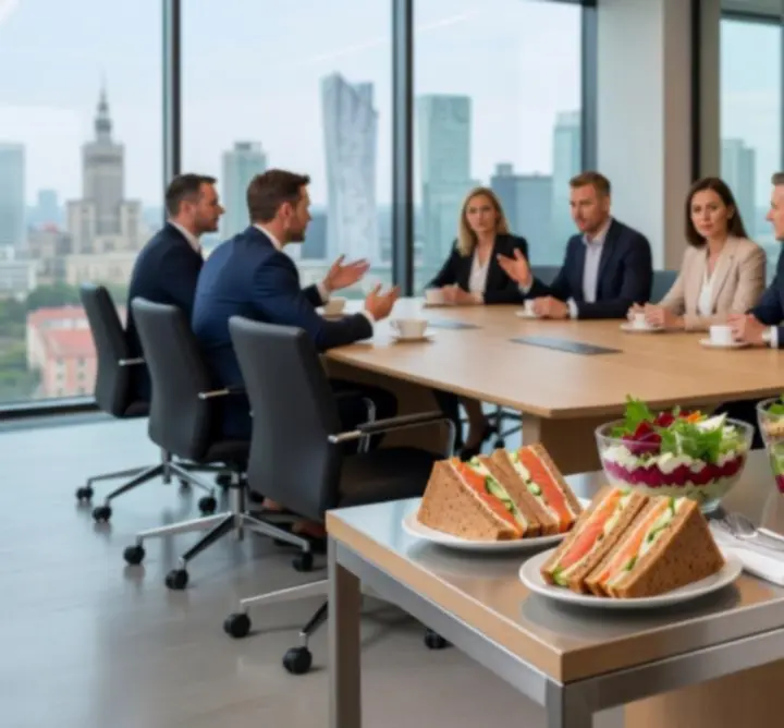 Catering na spotkaniu biznesowym z przekąskami i kawą